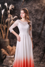A Line 3/4 Sleeve Ombre Silk Like Satin Sweep Train Prom Dresses