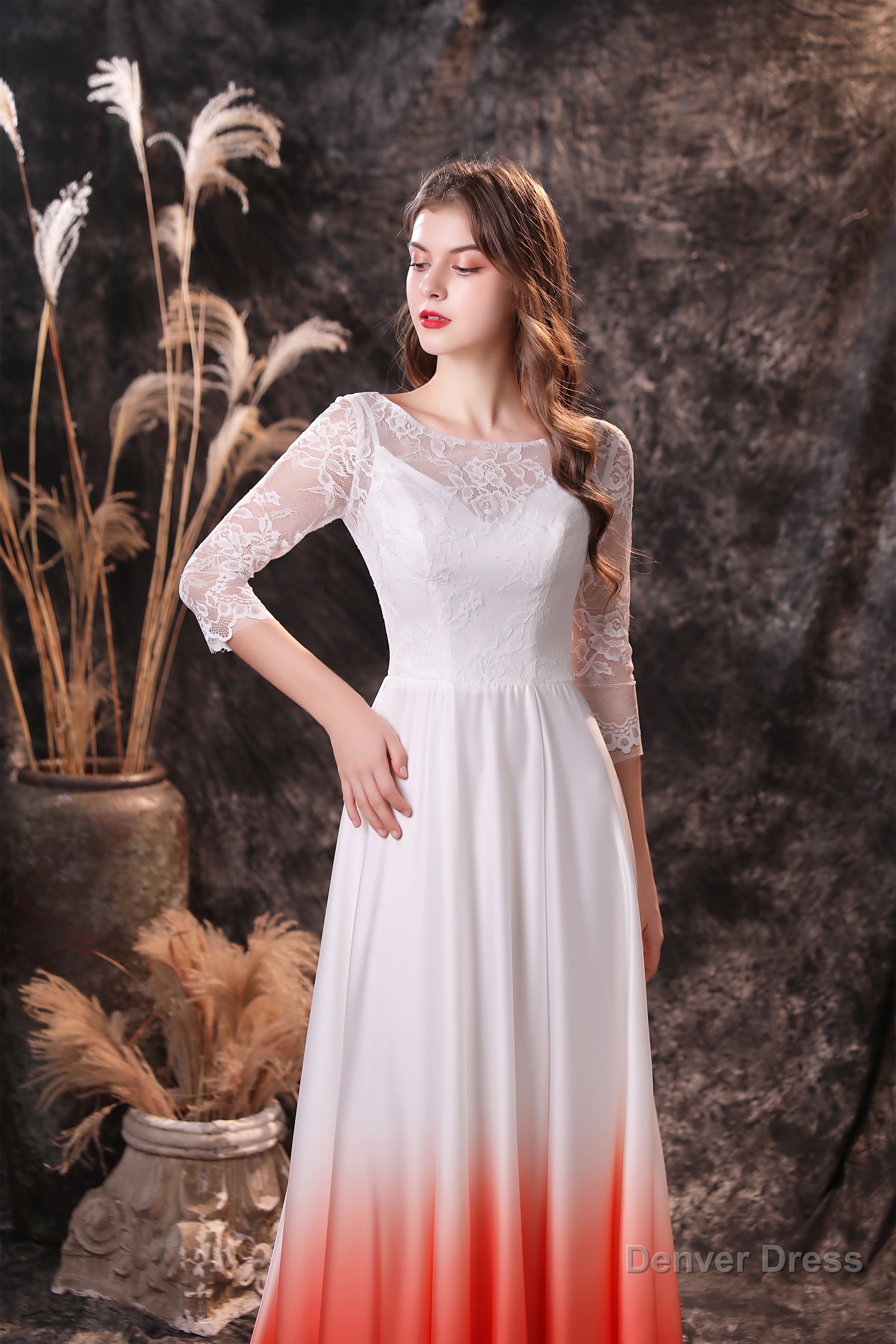 A Line 3/4 Sleeve Ombre Silk Like Satin Sweep Train Prom Dresses