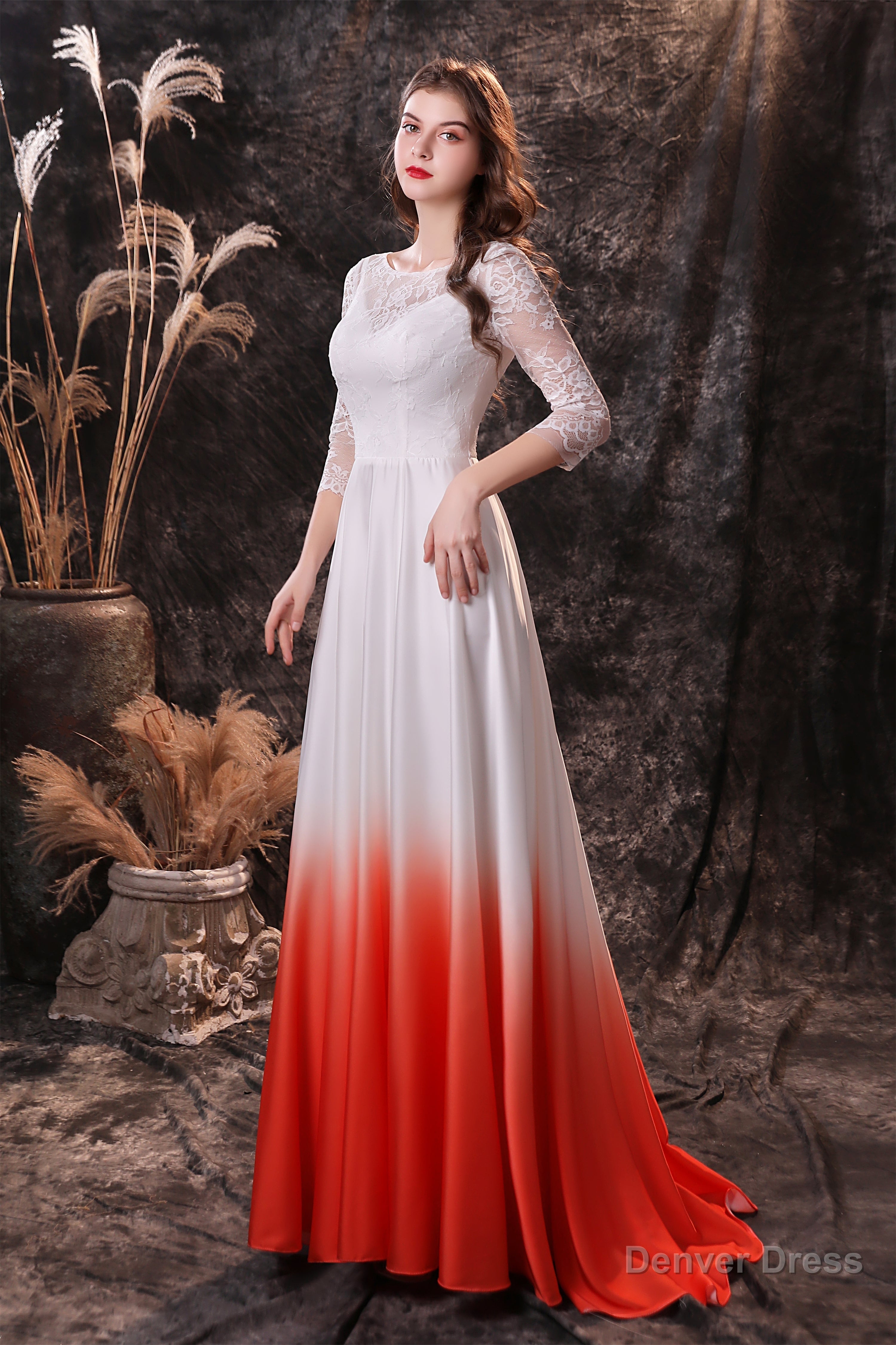 A Line 3 4 Sleeve Ombre Silk Like Satin Sweep Train Prom Dresses
