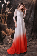 A Line 3/4 Sleeve Ombre Silk Like Satin Sweep Train Prom Dresses