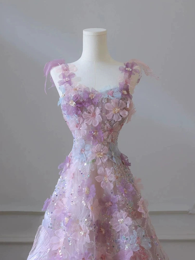 A Line 3D Floral Lace Skirt Tulle Bodice Floor-Length Prom Dresses Secondary image