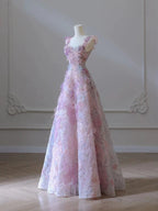 A Line 3D Floral Lace Skirt Tulle Bodice Floor-Length Prom Dresses