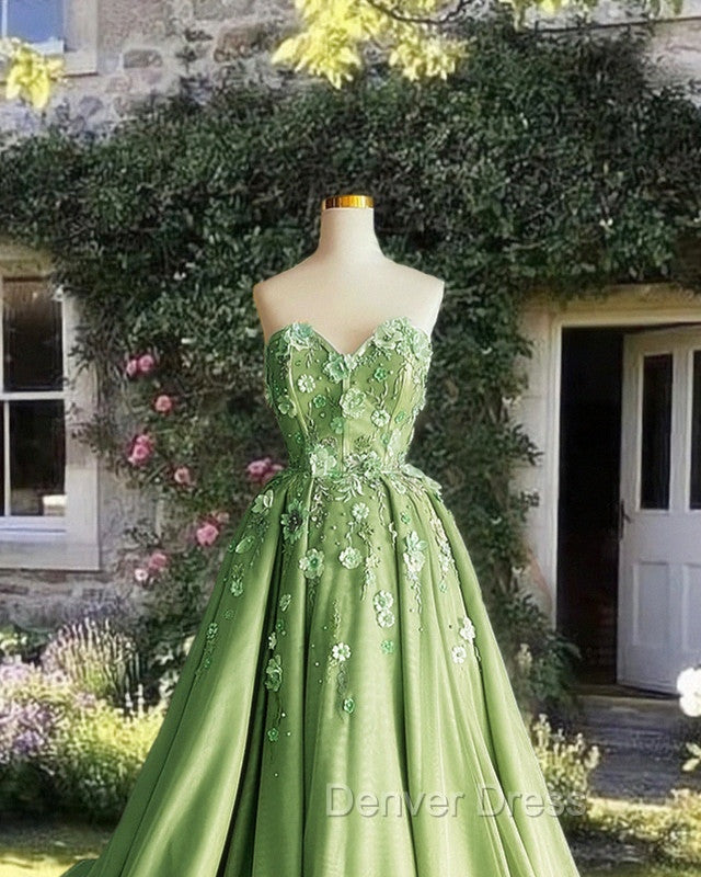A Line 3D Flowers Embroidey Tulle Strapless Dresses