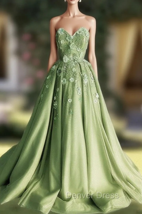A Line 3D Flowers Embroidey Tulle Strapless Dresses