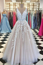 A Line Applique Tulle Prom Dress, Long V Neck Sleeveless Prom Dresses with Beading