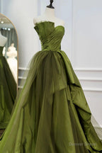 A Line Asymmetrical Strapless Green Long Prom Dresses with Ruffles