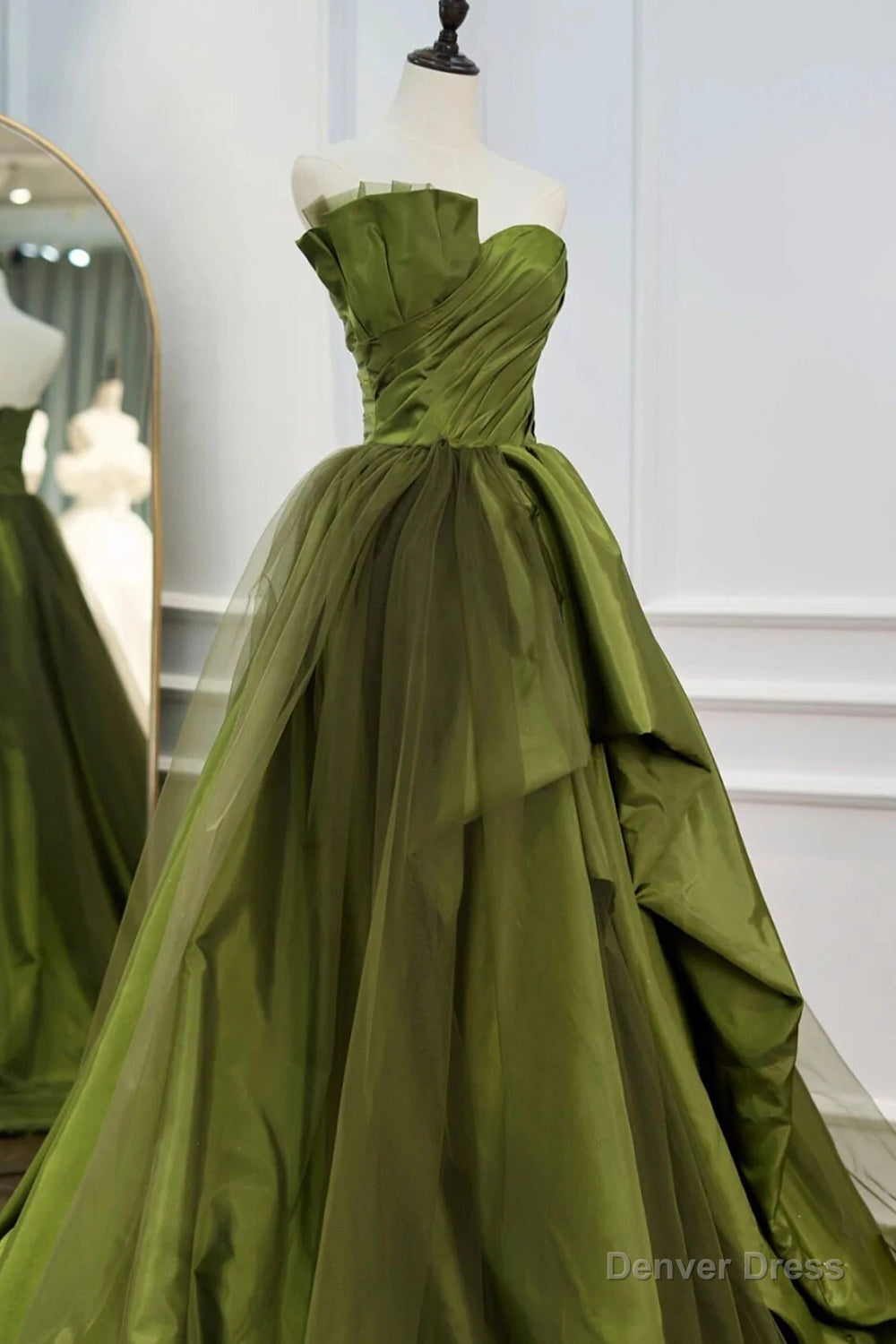 A Line Asymmetrical Strapless Green Long Prom Dresses with Ruffles