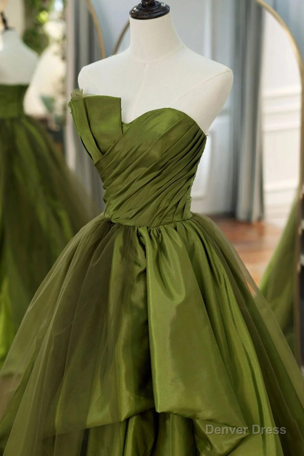 A Line Asymmetrical Strapless Green Long Prom Dresses with Ruffles