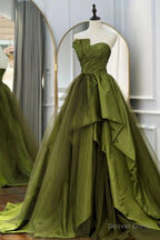 A Line Asymmetrical Strapless Green Long Prom Dresses with Ruffles