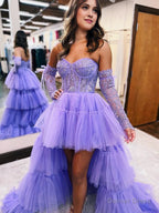 A Line Asymmetrical Strapless Tiered Tulle Prom Dresses