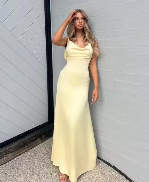 A Line Backless Prom Dress Silk Satin Long Prom Dresses