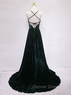 A-Line Backless Green Velvet Long Prom Dresses, Green Formal Evening Dresses