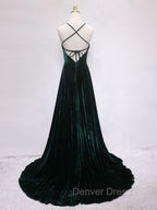 A Line Backless Green Velvet Long Prom Dress, Green Prom Dresses