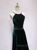 A-Line Backless Green Velvet Long Prom Dresses, Green Formal Evening Dresses
