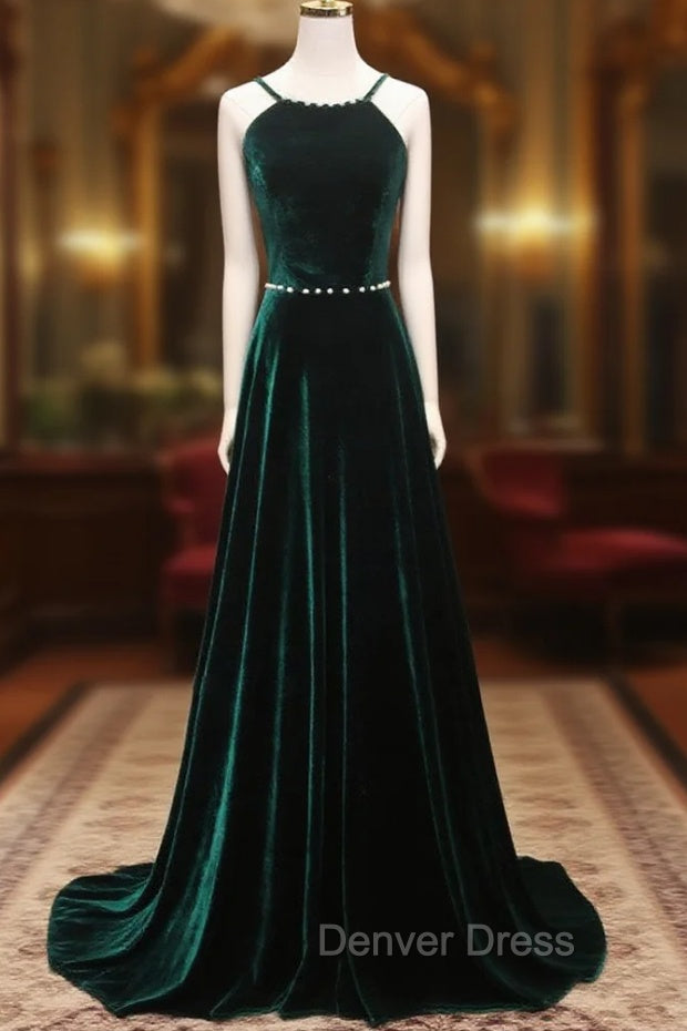 A-Line Backless Green Velvet Long Prom Dresses, Green Formal Evening Dresses Main image