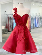 A Line Backless Homecoming Dress Red Mini Sleeveless One Shoulder Graduation Dresses With Appliques