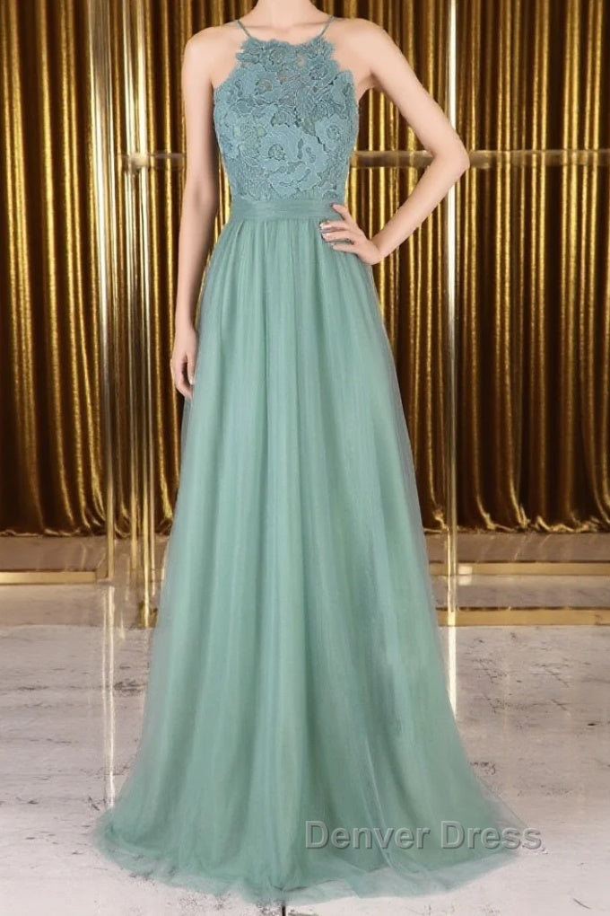 A Line Backless Lace Green Long Prom Dress, Backless Green Lace Prom Graduation Prom Dresses