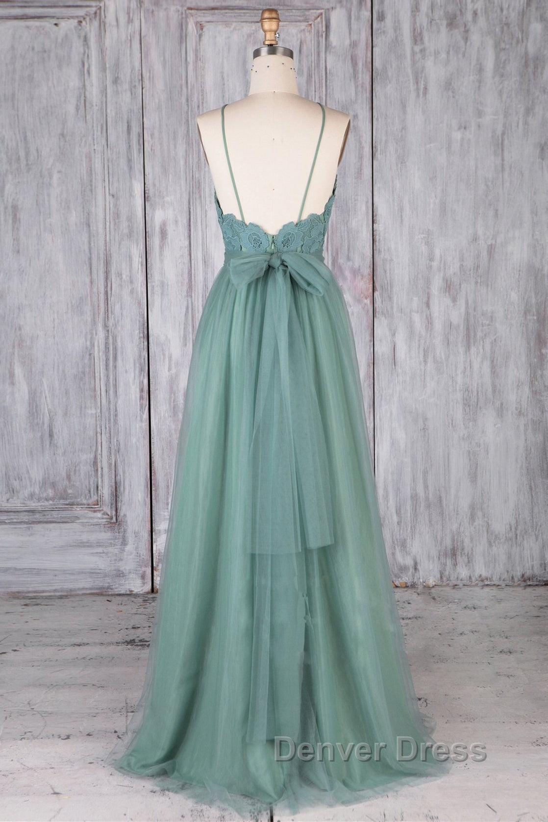 A Line Backless Lace Green Long Prom Dresses, Backless Green Lace Formal Graduation Evening Dresses Secondary image