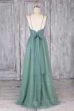 A Line Backless Lace Green Long Prom Dress, Backless Green Lace Prom Graduation Prom Dresses