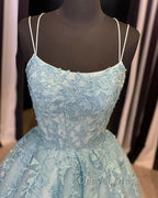 A Line Backless Lace Long Sky Blue Prom Dress, Backless Sky Blue Lace Prom Dress, Sky Blue Prom Dresses