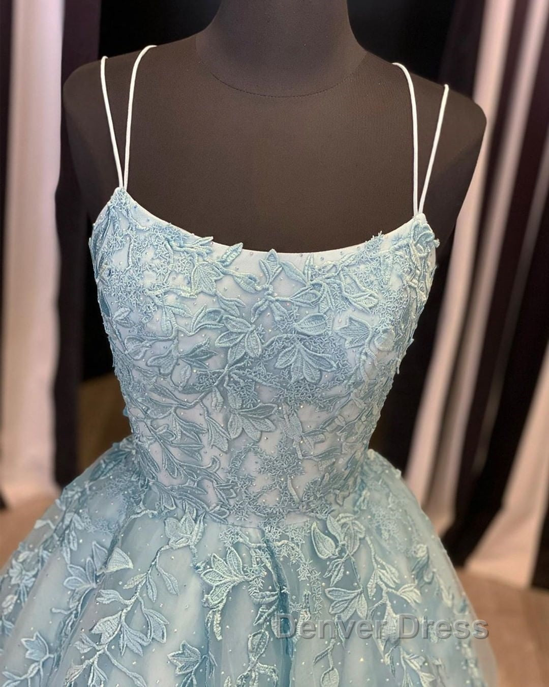 A Line Backless Lace Long Sky Blue Prom Dress, Backless Sky Blue Lace Prom Dress, Sky Blue Prom Dresses