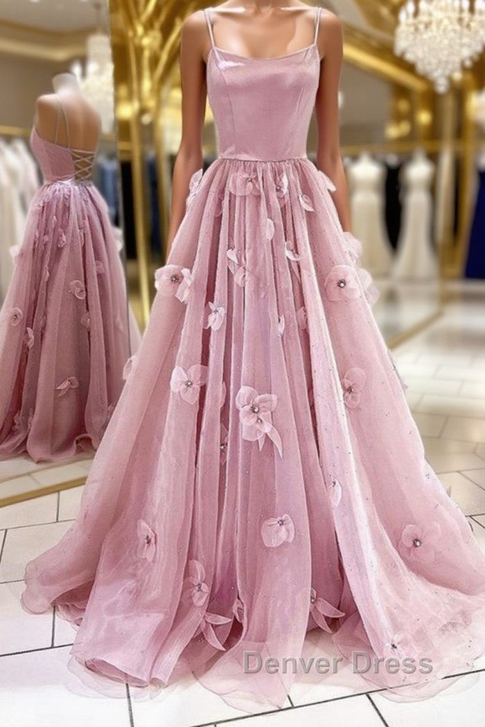 A Line Backless Pink Floral Long Prom Dress, Pink Floral Prom Graduation Prom Dresses Main image