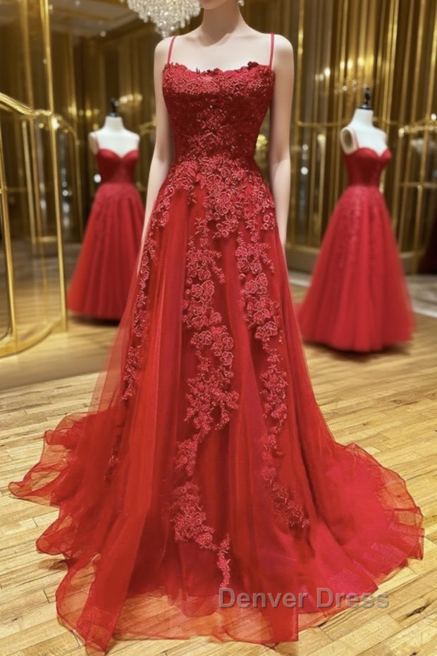 A Line Backless Red Lace Long Prom Dresses, Long Red Lace Formal Dresses, Red Evening Dresses Main image