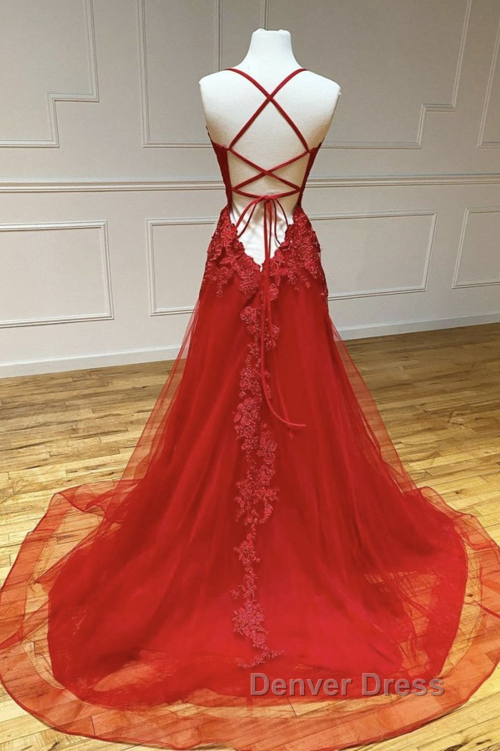 A Line Backless Red Lace Long Prom Dresses, Long Red Lace Formal Dresses, Red Evening Dresses Secondary image