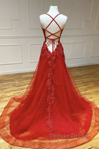 A Line Backless Red Lace Long Prom Dresses, Long Red Lace Formal Dresses, Red Evening Dresses