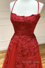 A Line Backless Red Lace Long Prom Dresses, Long Red Lace Formal Dresses, Red Evening Dresses