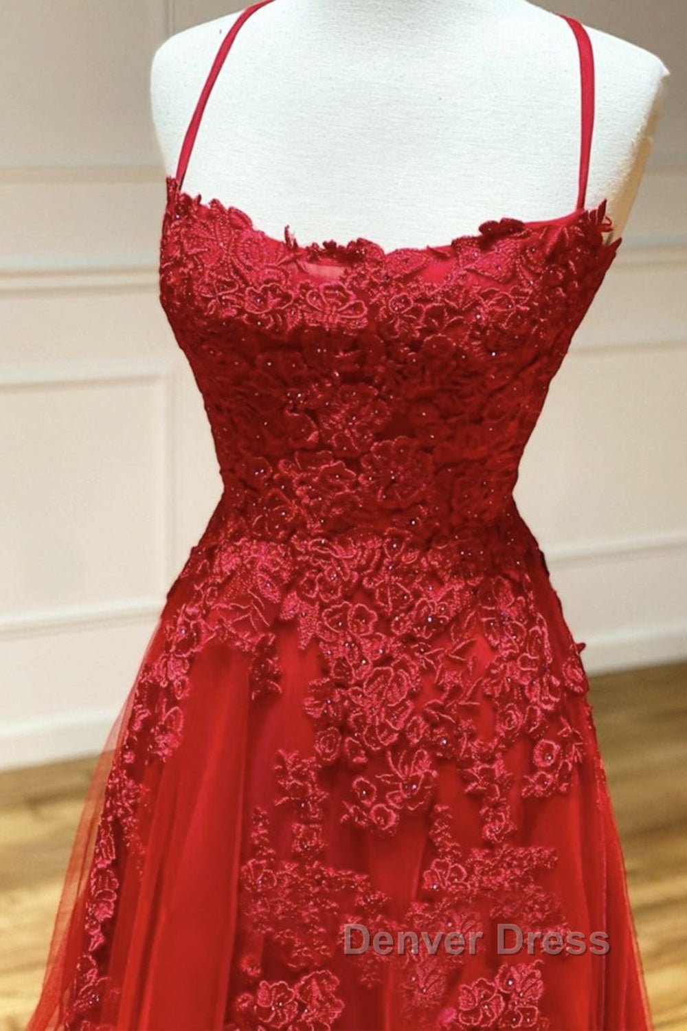 A Line Backless Red Lace Long Prom Dress, Long Red Lace Prom Dress, Red Prom Dresses