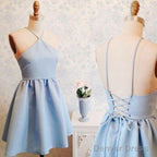 A Line Backless Short Blue Prom Dresses, Short Blue Homecoming Formal Dresses, Evening Dresses
