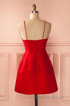 A Line Backless Short Red Prom Dress, Short Red Satin Homecoming Graduation Dress, Red Prom Dresses