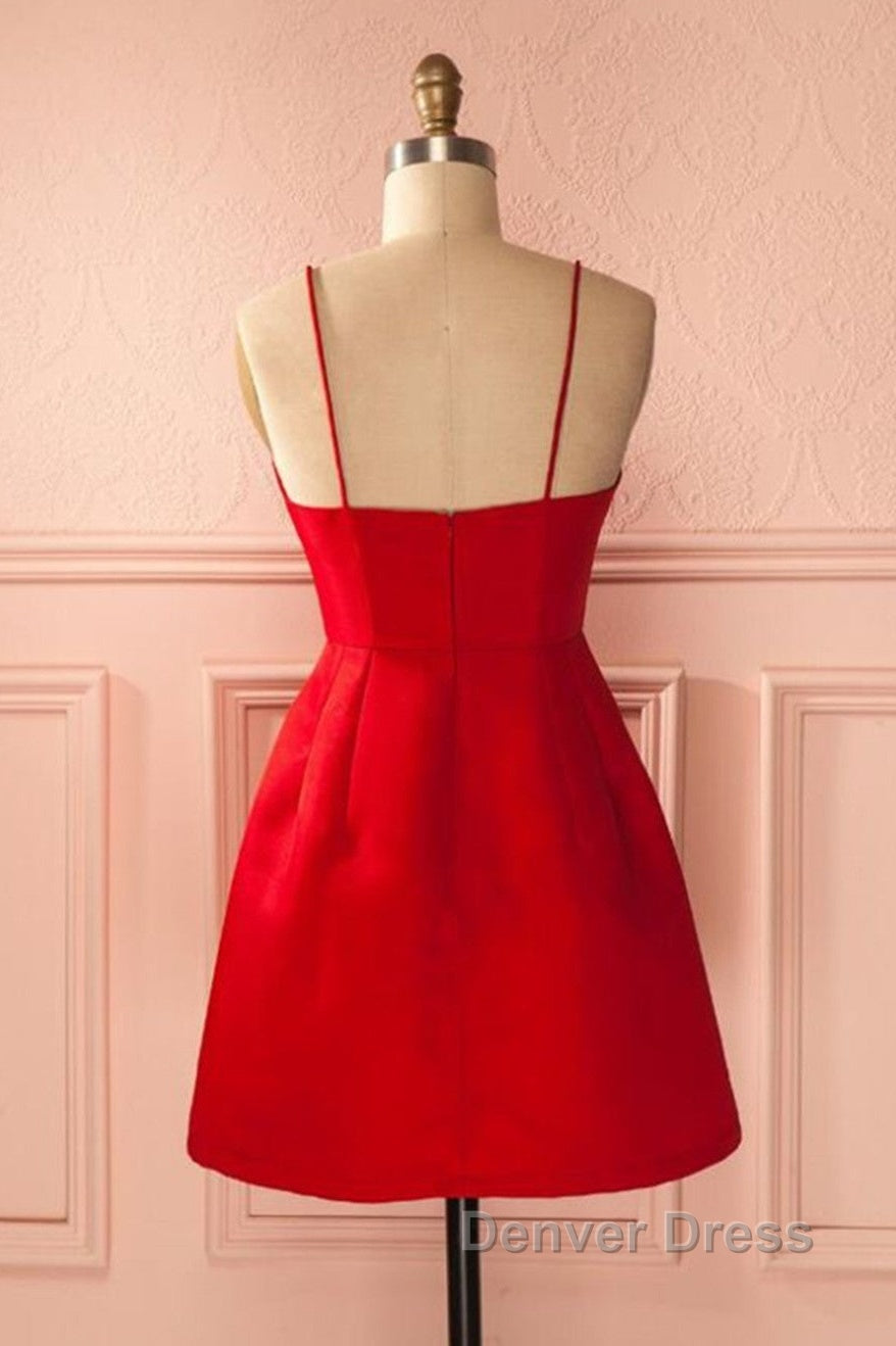 A Line Backless Short Red Prom Dress, Short Red Satin Homecoming Graduation Dress, Red Prom Dresses