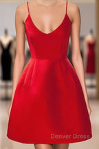 A Line Backless Short Red Prom Dress, Short Red Satin Homecoming Graduation Dress, Red Prom Dresses