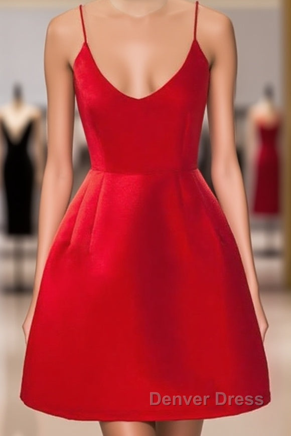 A Line Backless Short Red Prom Dress, Short Red Satin Homecoming Graduation Dress, Red Prom Dresses