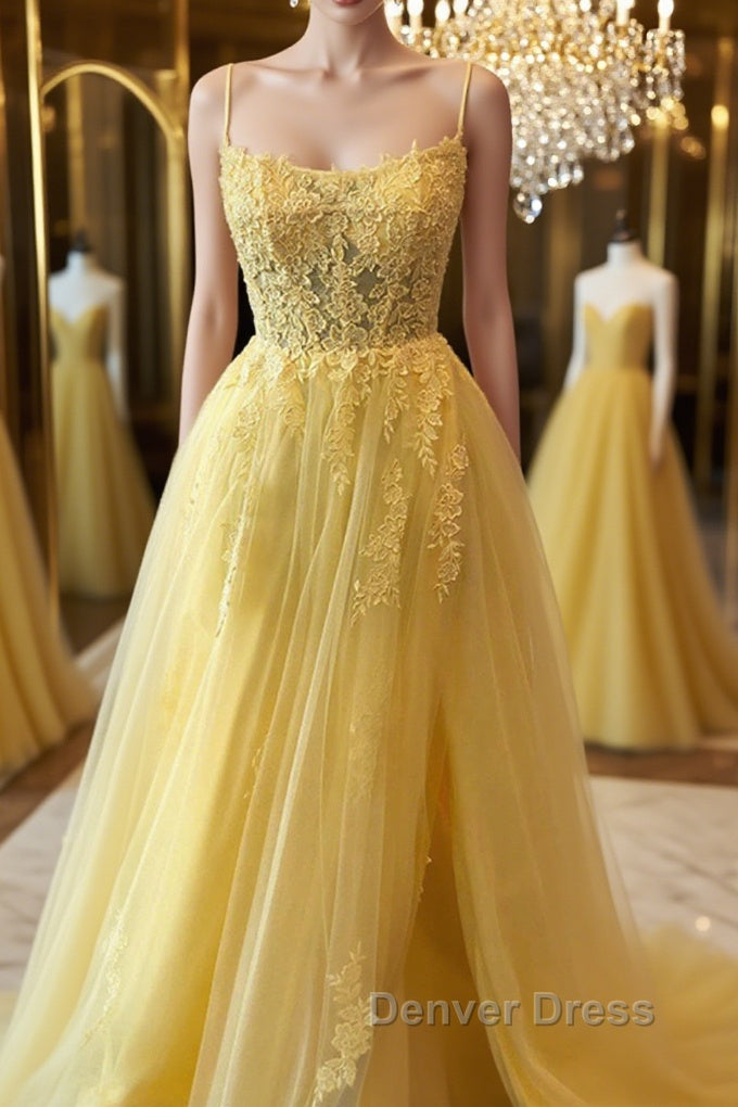 A Line Backless Yellow Lace Floral Long Prom Dress with High Slit, Open Back Yellow Lace Prom Dress, Yellow Lace Prom Dresses Main image