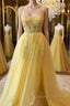 A Line Backless Yellow Lace Floral Long Prom Dress with High Slit, Open Back Yellow Lace Prom Dress, Yellow Lace Prom Dresses