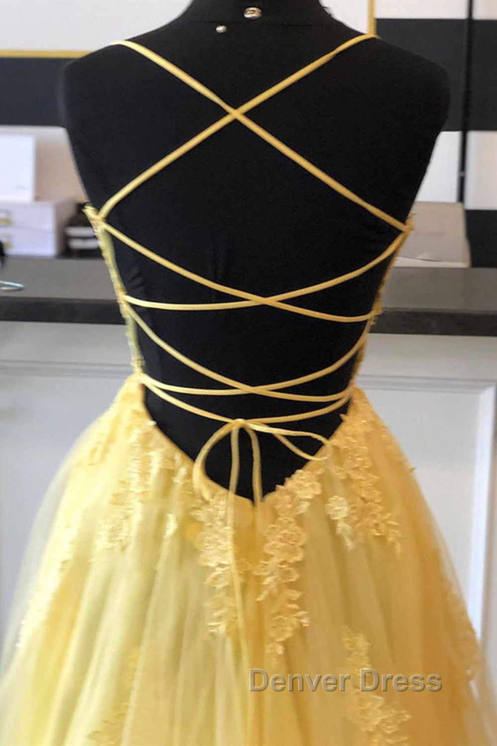 A Line Backless Yellow Lace Floral Long Prom Dress with High Slit, Open Back Yellow Lace Prom Dress, Yellow Lace Prom Dresses Secondary image