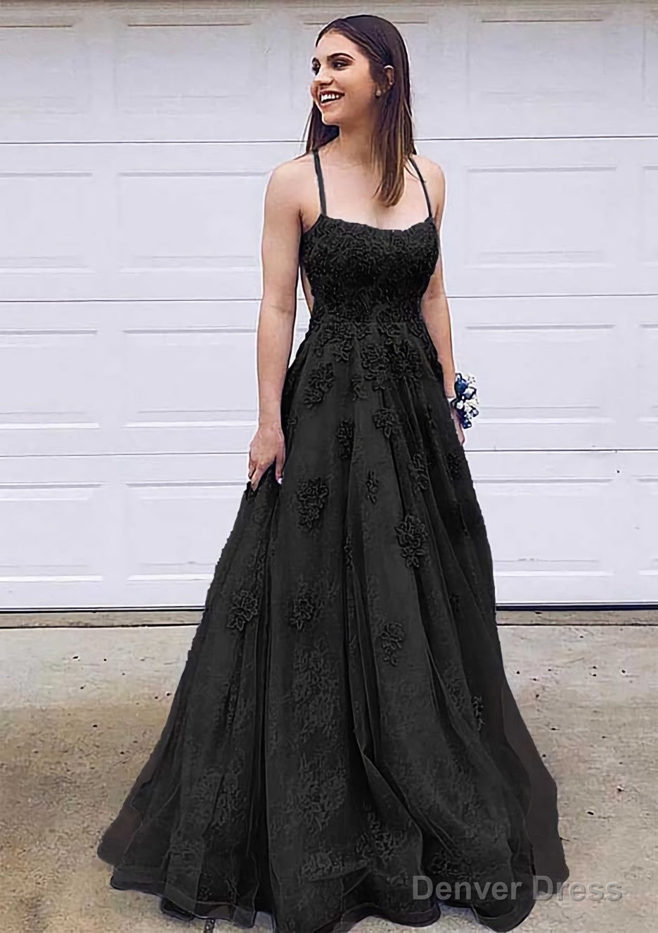 A Line Bateau Court Train Lace Prom Dresses With Appliqued
