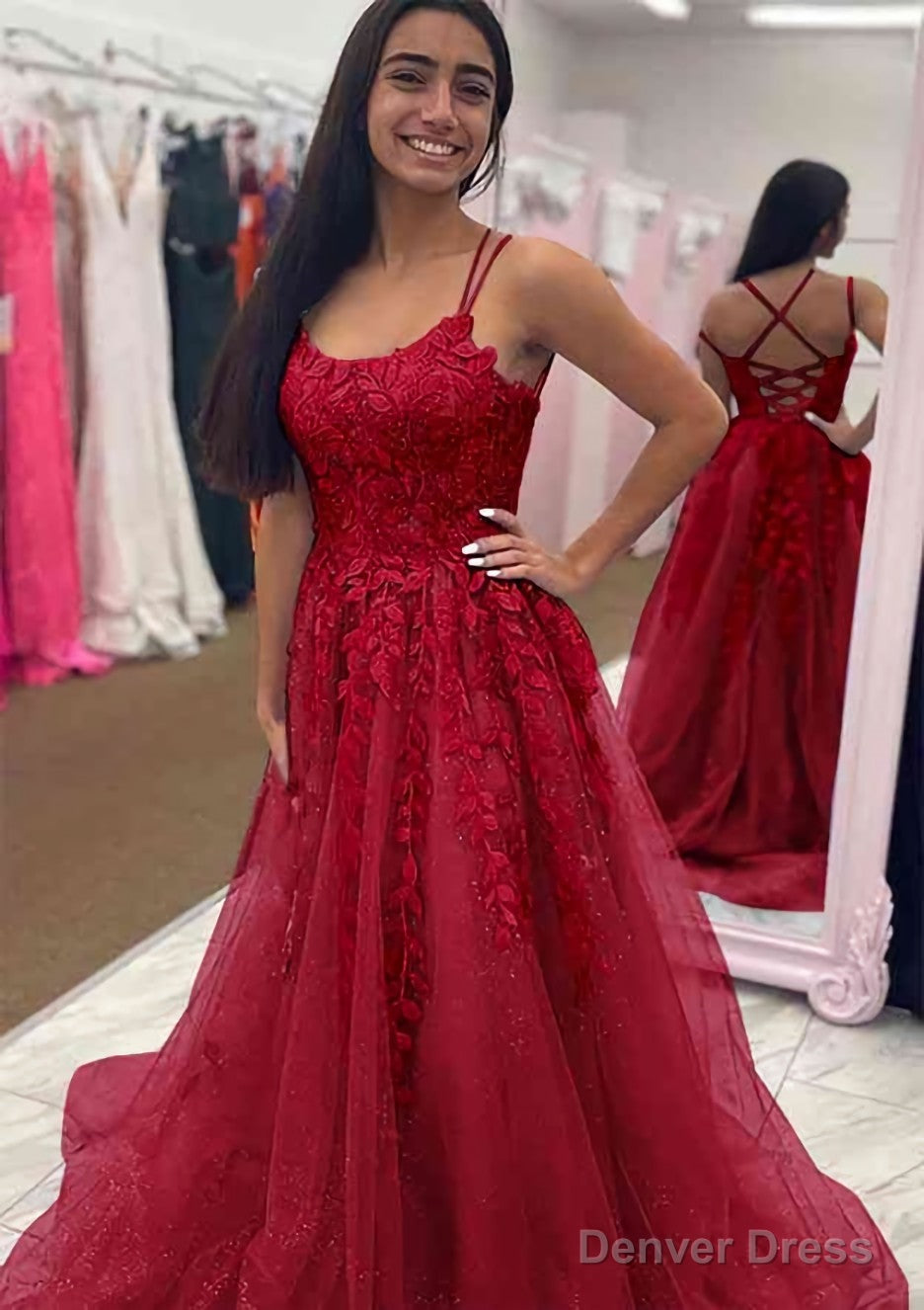 A Line Bateau Court Train Tulle Glitter Prom Dresses With Appliqued Beading