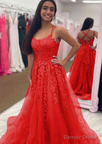 A Line Bateau Court Train Tulle Glitter Prom Dresses With Appliqued Beading