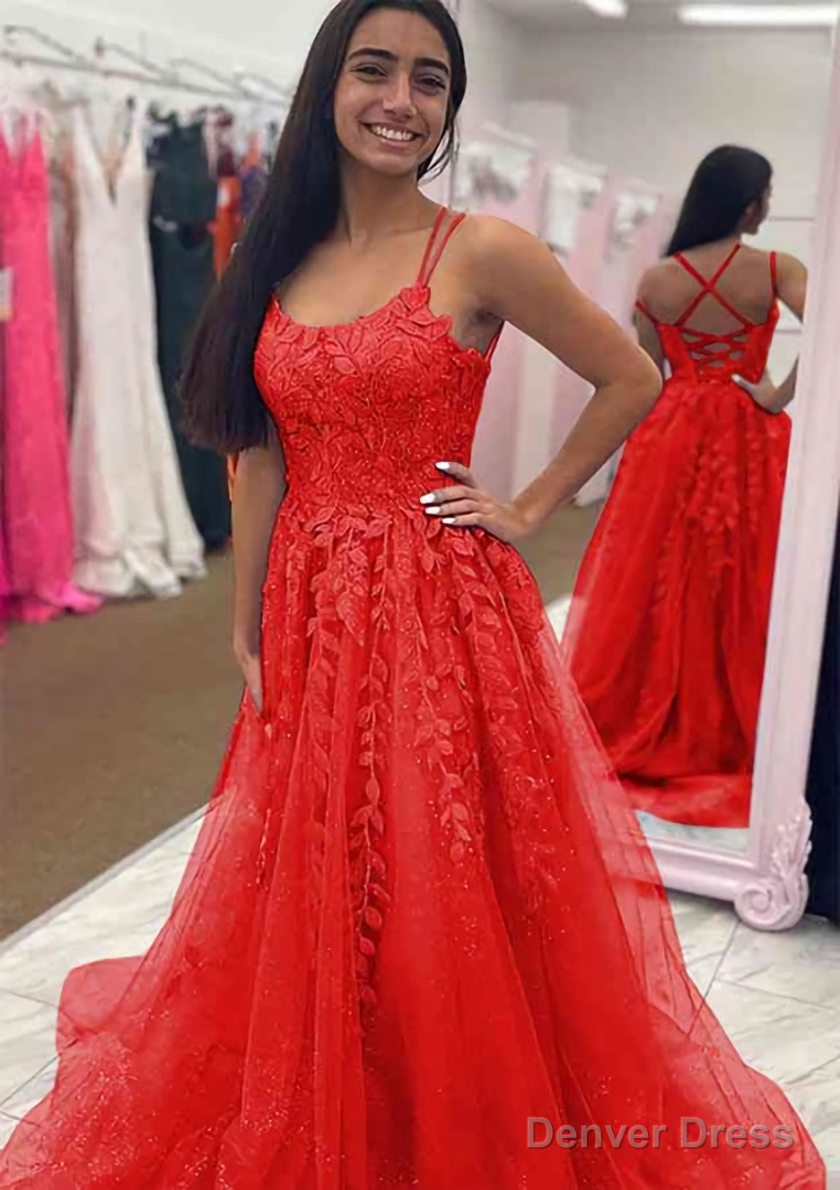 A Line Bateau Court Train Tulle Glitter Prom Dresses With Appliqued Beading