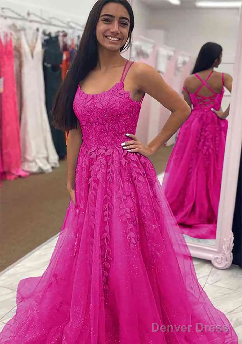A Line Bateau Court Train Tulle Glitter Prom Dresses With Appliqued Beading