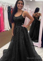 A Line Bateau Court Train Tulle Glitter Prom Dresses With Appliqued Beading