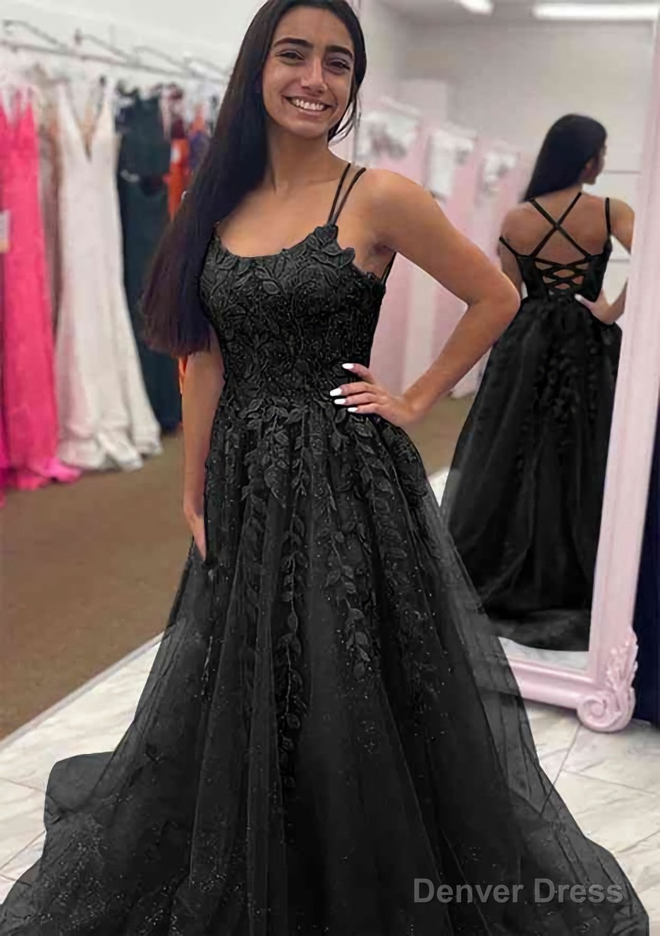 A Line Bateau Court Train Tulle Glitter Prom Dresses With Appliqued Beading