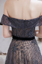 A Line Bateau Neck Floor Length Short Sleeves Zipper Prom Dresses