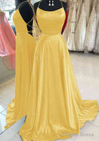 A Line Bateau Spaghetti Straps Sweep Train Charmeuse Prom Dresses
