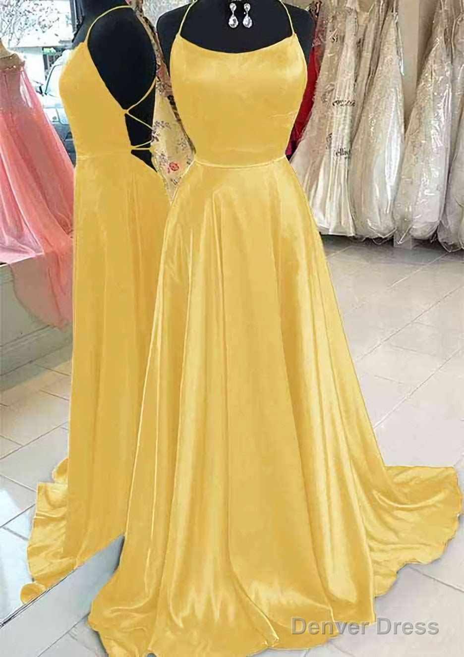 A Line Bateau Spaghetti Straps Sweep Train Charmeuse Prom Dresses