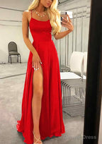 A Line Bateau Spaghetti Straps Sweep Train Charmeuse Prom Dresses With Split